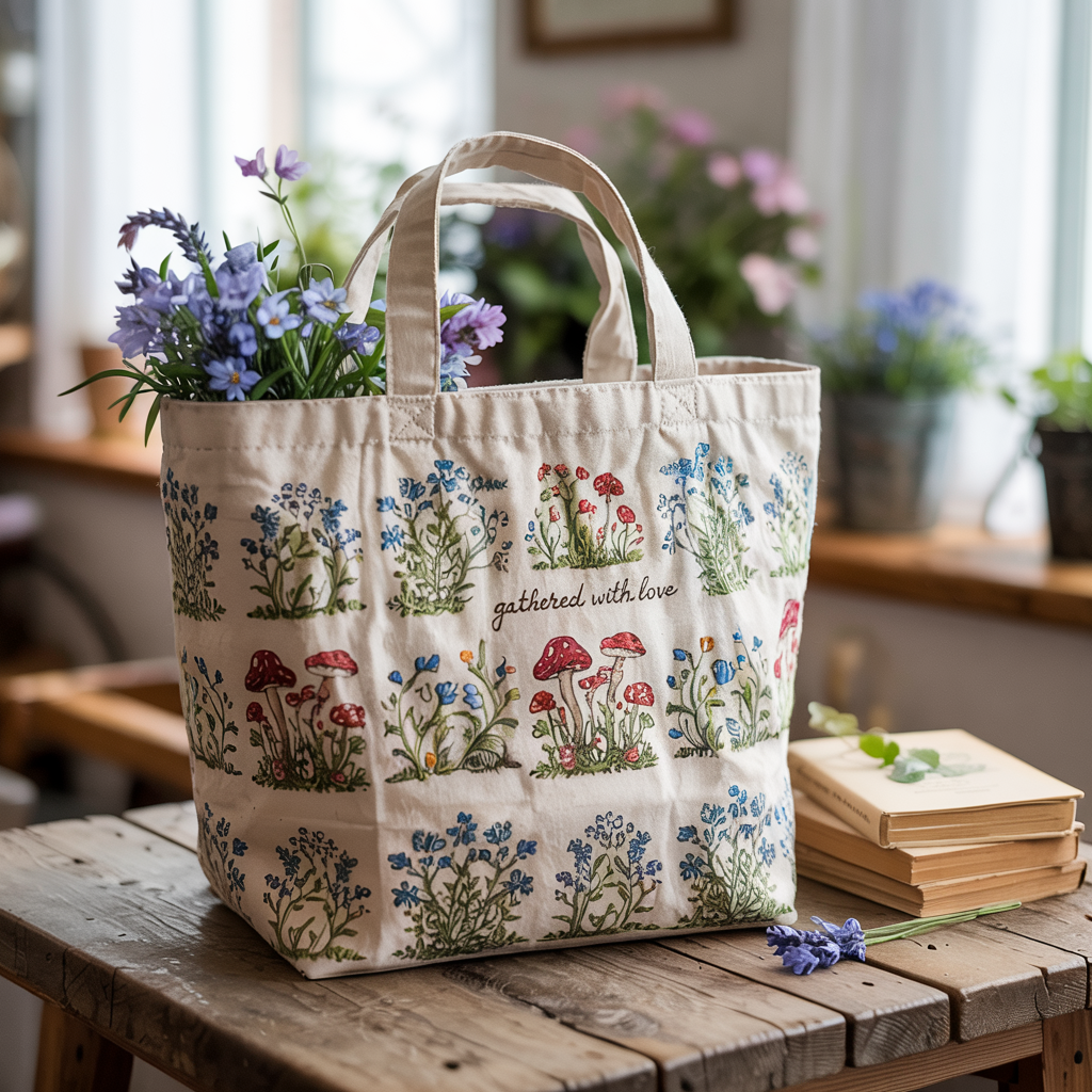 Woven tote bag with floral and mushroom motif